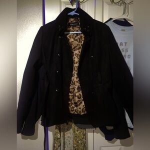 Black Rivet pea coat, black with animal print lining​